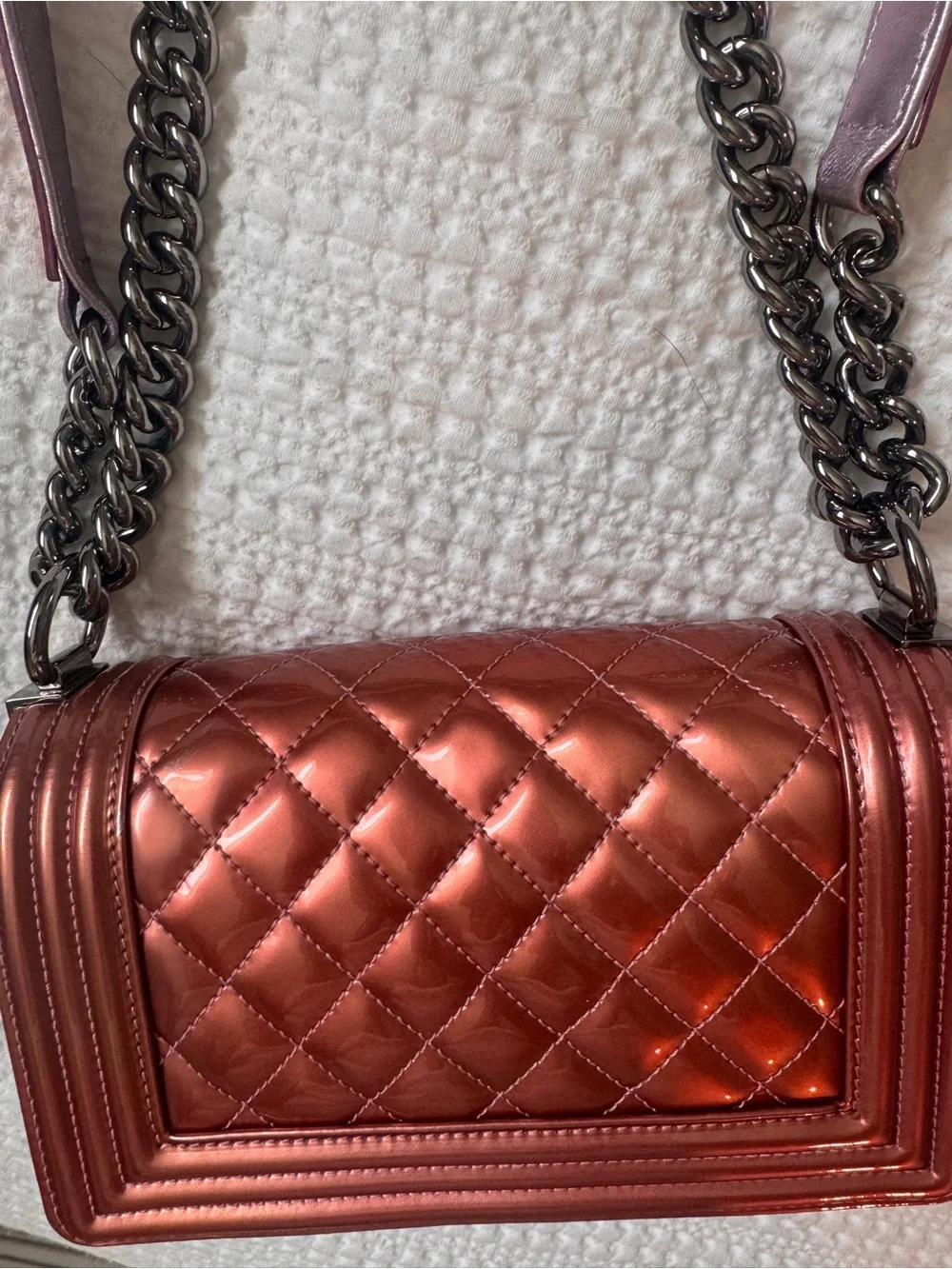 CHANEL Metallic Quilted Shoulder Bag in Rose Copper